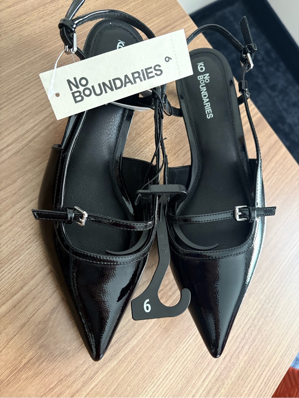 No Boundaries Black Patent Pointed Toe Slingback Flats